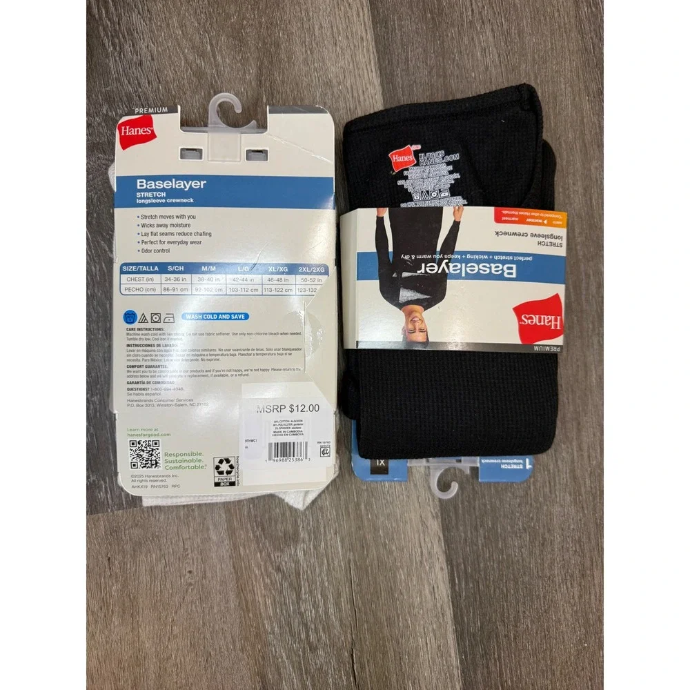 Hanes Premium Baselayer Mens XL 2 Pack Black White Stretch Thermal Crewneck Tops